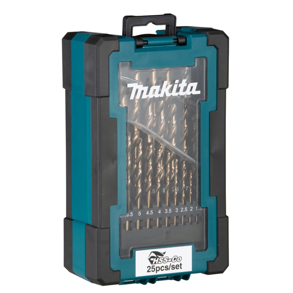 MAKITA Metalliporanteräsarja HSSCoboltti 5%, 25osaa. Kuvassa Metalliporanteräsarja HSSCoboltti 5%, 25osaa vasemmalta etuyläviistosta.