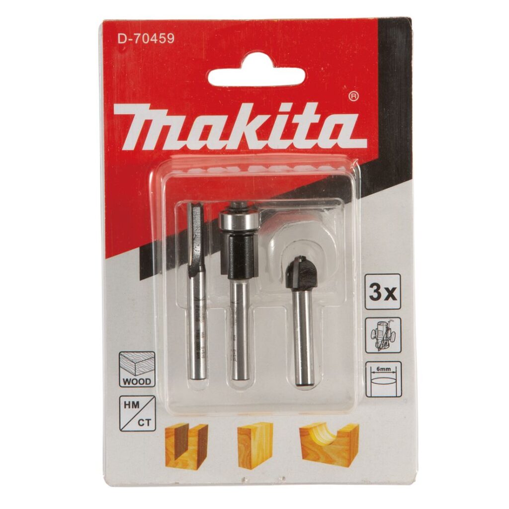 MAKITA Jyrsinteräsarja, 3-osaa D-70459. Kuvassa Jyrsinteräsarja, 3-osaa D-70459:n myyntipakkaus edestäpäin.