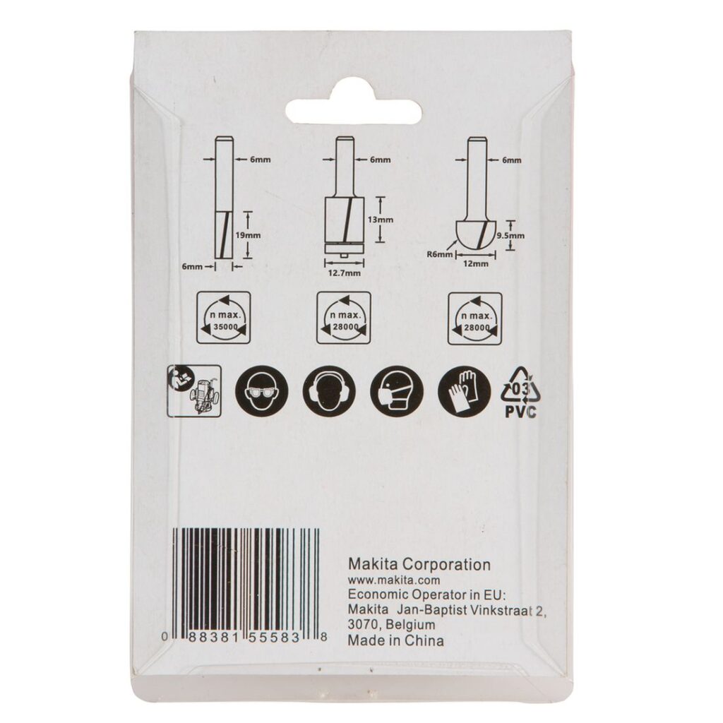 MAKITA Jyrsinteräsarja, 3-osaa D-70459. Kuvassa Jyrsinteräsarja, 3-osaa D-70459:n myyntipakkaus takaapäin.