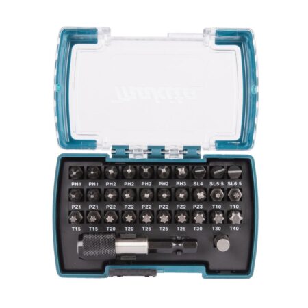 MAKITA Ruuvikärkisarja 32osaa. Kuvassa Ruuvikärkisarja 32osaa edestäpäin yläviistosta kansi auki.