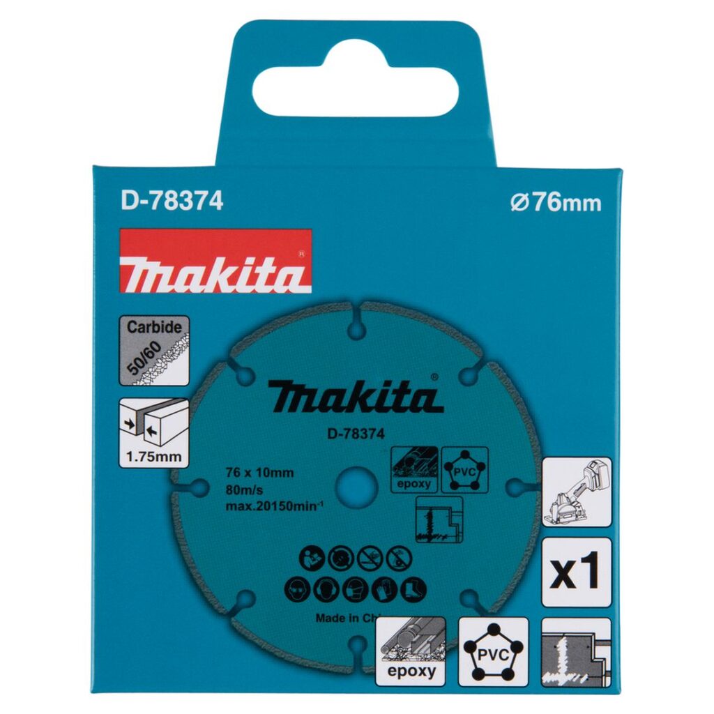 MAKITA Katkaisulaikka karbidi 76 mm D-78374. Kuvassa Katkaisulaikka karbidi 76 mm D-78374:n myyntipakkaus edestäpäin.