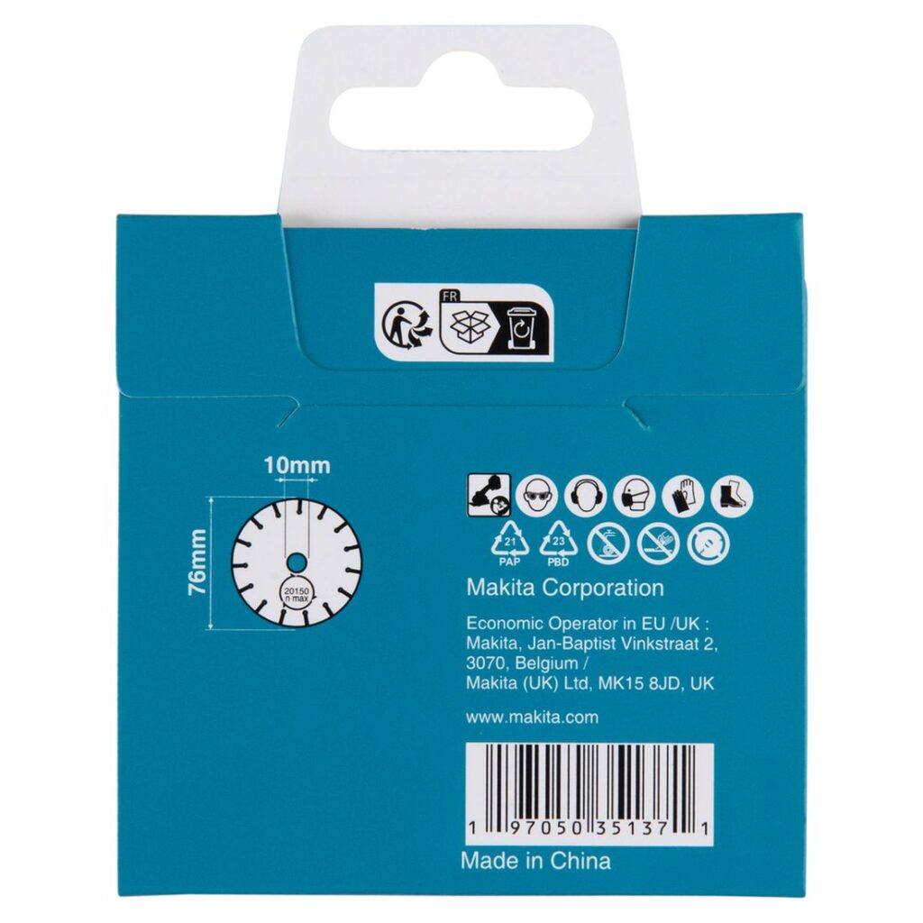 MAKITA Katkaisulaikka karbidi 76 mm D-78374. Kuvassa Katkaisulaikka karbidi 76 mm D-78374:n myyntipakkaus takaapäin.