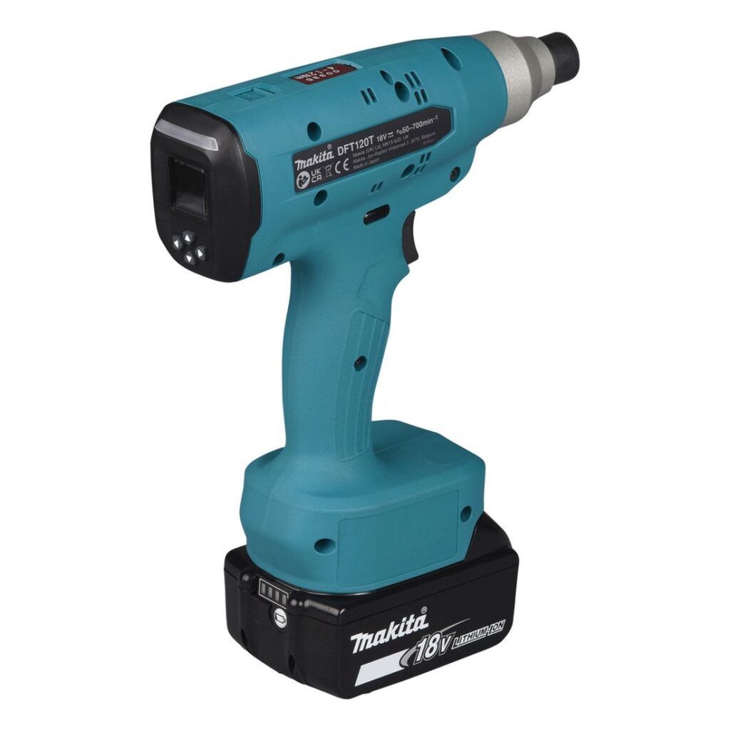 MAKITA Tarkkuusruuvinväännin LXT DFT120TMZ. Kuvassa Tarkkuusruuvinväännin LXT DFT120TMZ oikealta takayläviistosta.