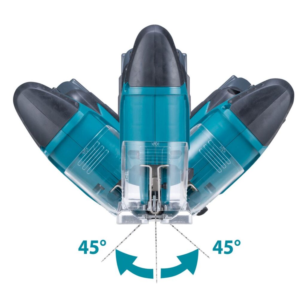 MAKITA Pistosaha LXT Basic. Havainnekuvassa Pistosaha LXT:n pohjalevyn 45 º kallistuskulma.