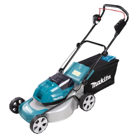 MAKITA Ruohonleikkuri LXT DLM463. Kuvassa Ruohonleikkuri LXT DLM463 oikealta etuyläviistosta.