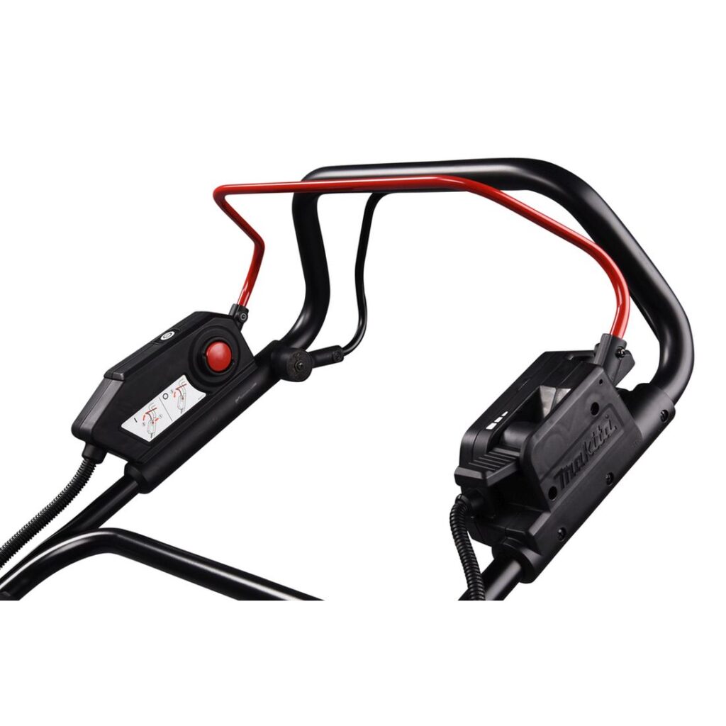 MAKITA Ruohonleikkuri LXT. Lähikuvassa Ruohonleikkuri LXT:n käyttökahva.