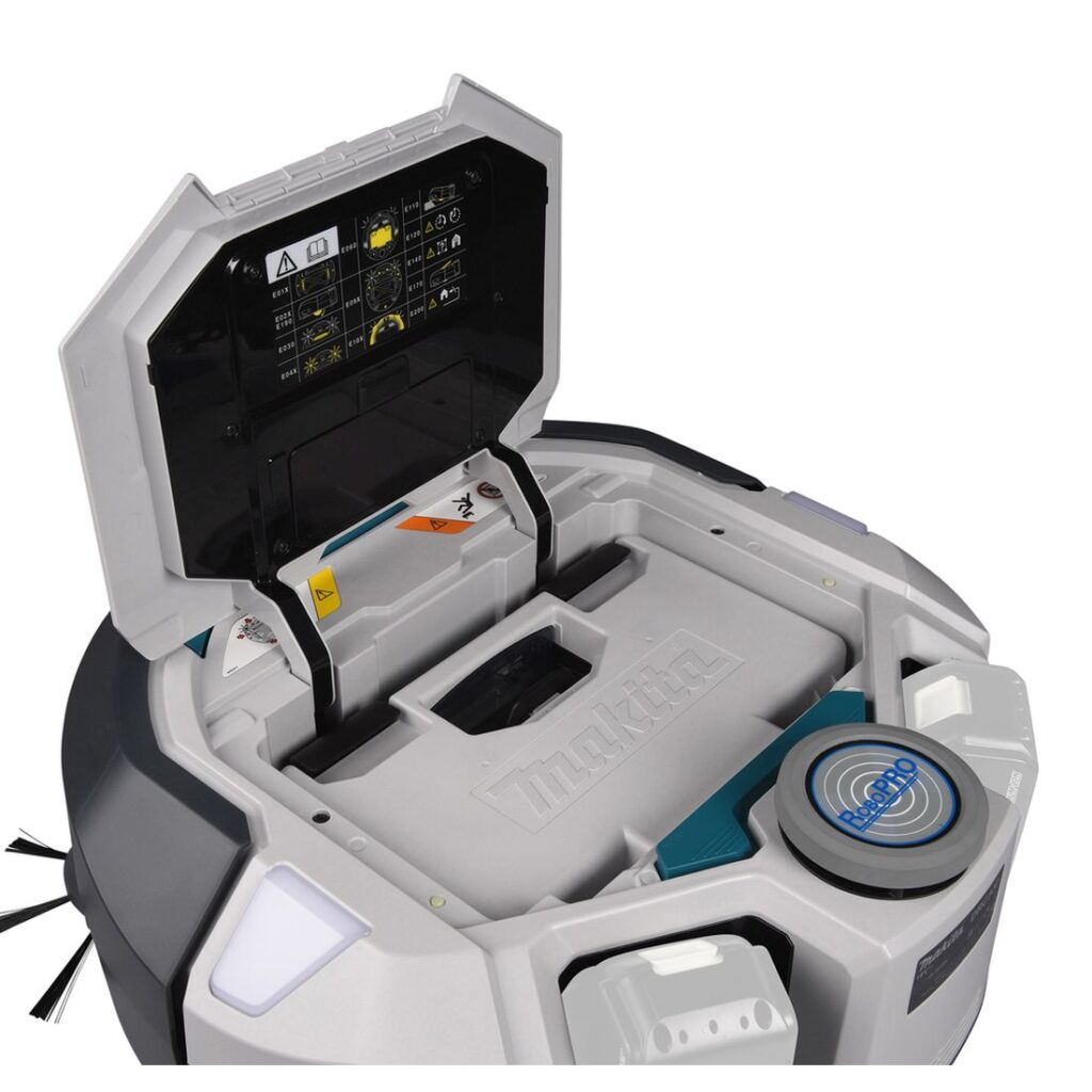 MAKITA Robottiimuri LXT. Lähikuvassa Robottiimuri LXT:n pölysäiliön kansi avoinna.