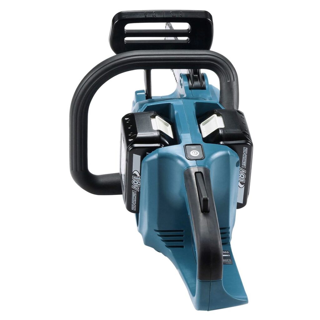 MAKITA Ketjusaha LXT DUC353. Kuvassa Ketjusaha LXT DUC353 takaapäin yläviistosta.