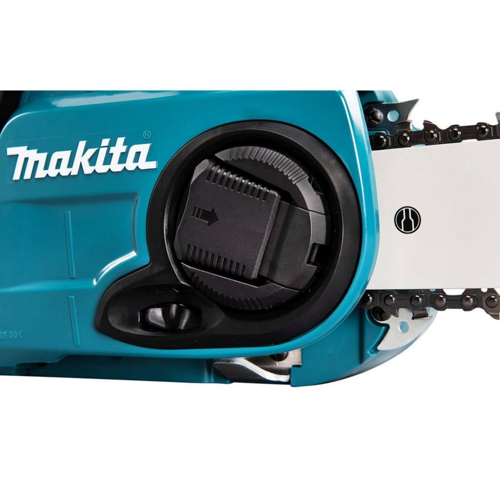 MAKITA Ketjusaha LXT DUC353. Lähikuvassa Ketjusaha LXT DUC353:n laipan pikakiristin.