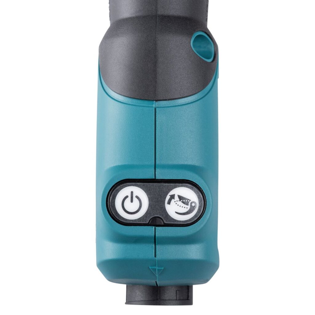 MAKITA Oksaleikkuri LXT. Lähikuvassa Oksaleikkuri LXT:n virtakytkin.