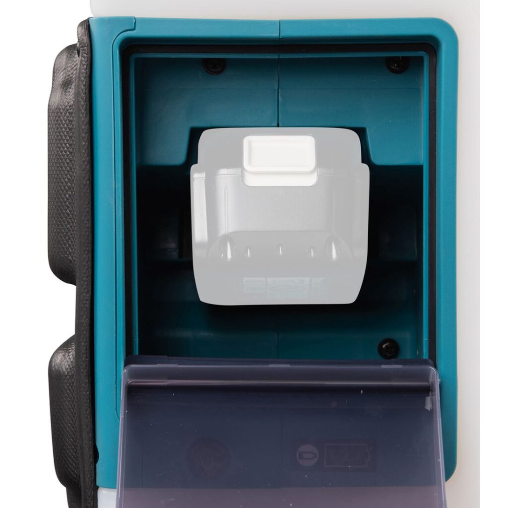 MAKITA Reppuruisku LXT. Lähikuvassa Reppuruisku LXT:n akkukotelo. Havainnekuvassa akku kiinnitettynä akkukoteloon.