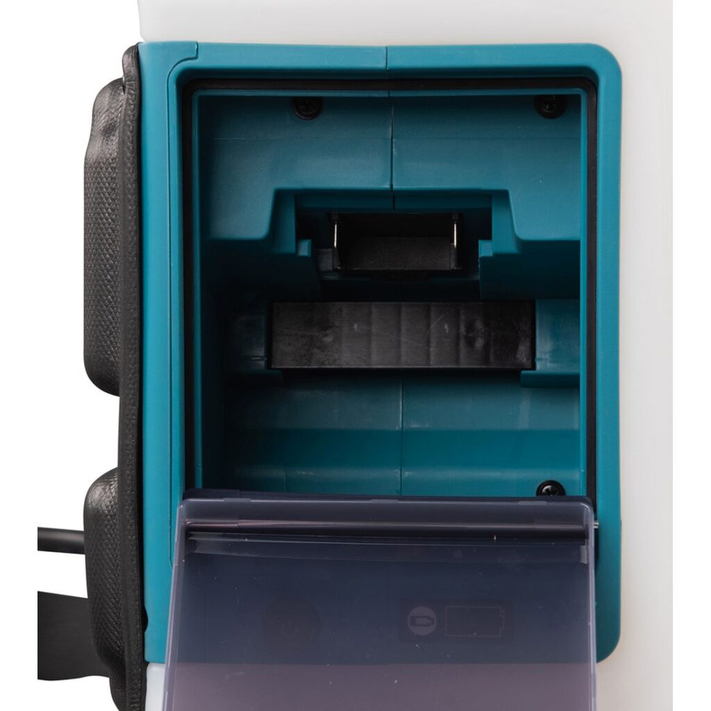 MAKITA Reppuruisku LXT. Lähikuvassa Reppuruisku LXT:n akkukotelo.