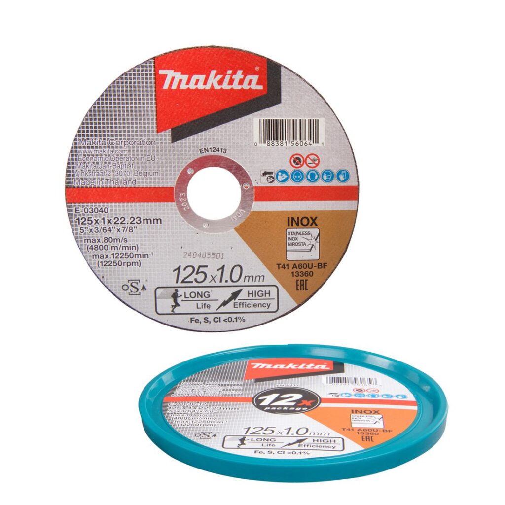 MAKITA Katkaisulaikka 125 x 1,0 mm, 12 kpl. Kuvassa Katkaisulaikka 125 x 1,0 mm, 12 kpl ja myyntipakkaus edestäpäin.