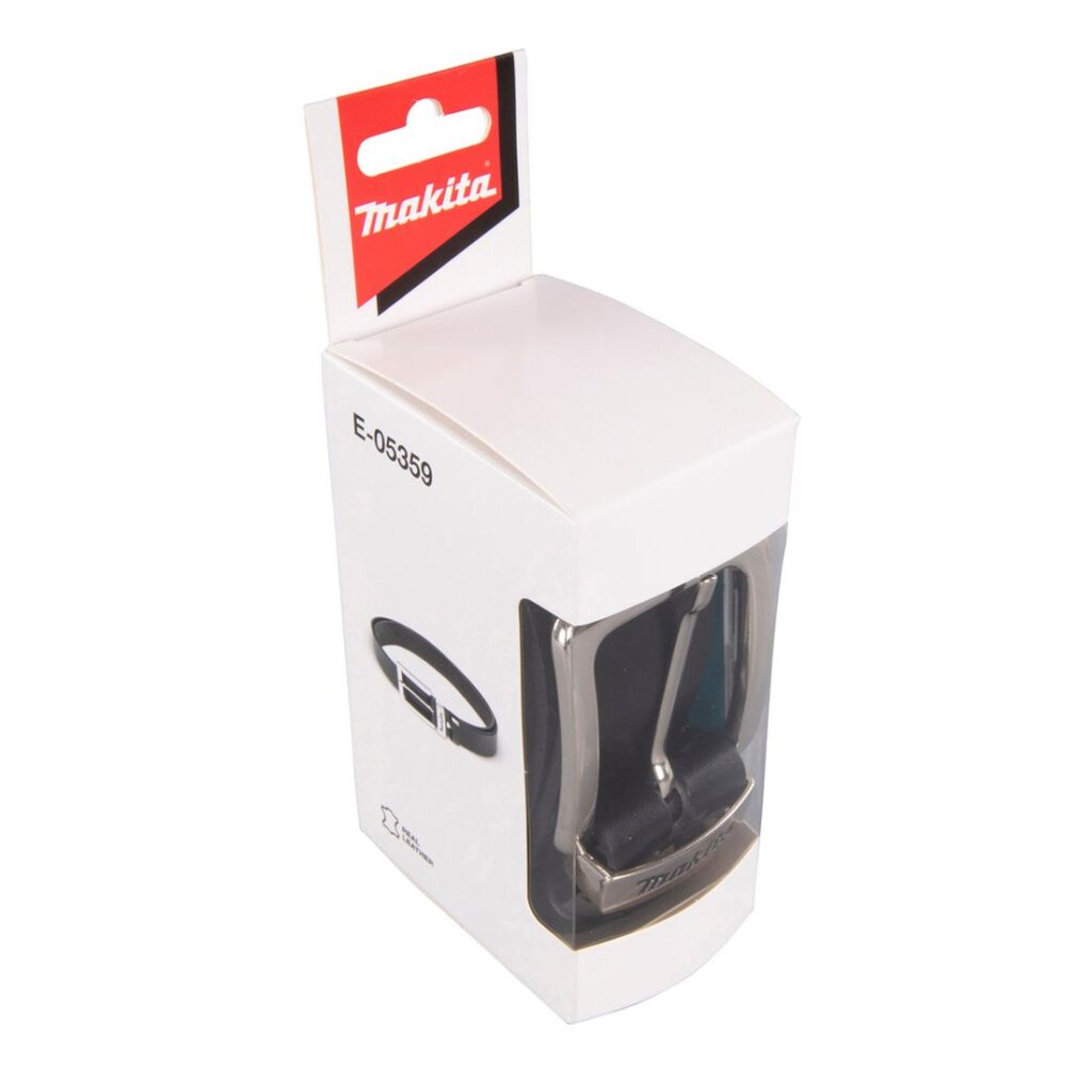 MAKITA Nahkavyö musta, koko M, mitat: 1130 x 38 mm. Kuvassa tuotteen myyntipakkaus vasemmalta etuyläviistosta.