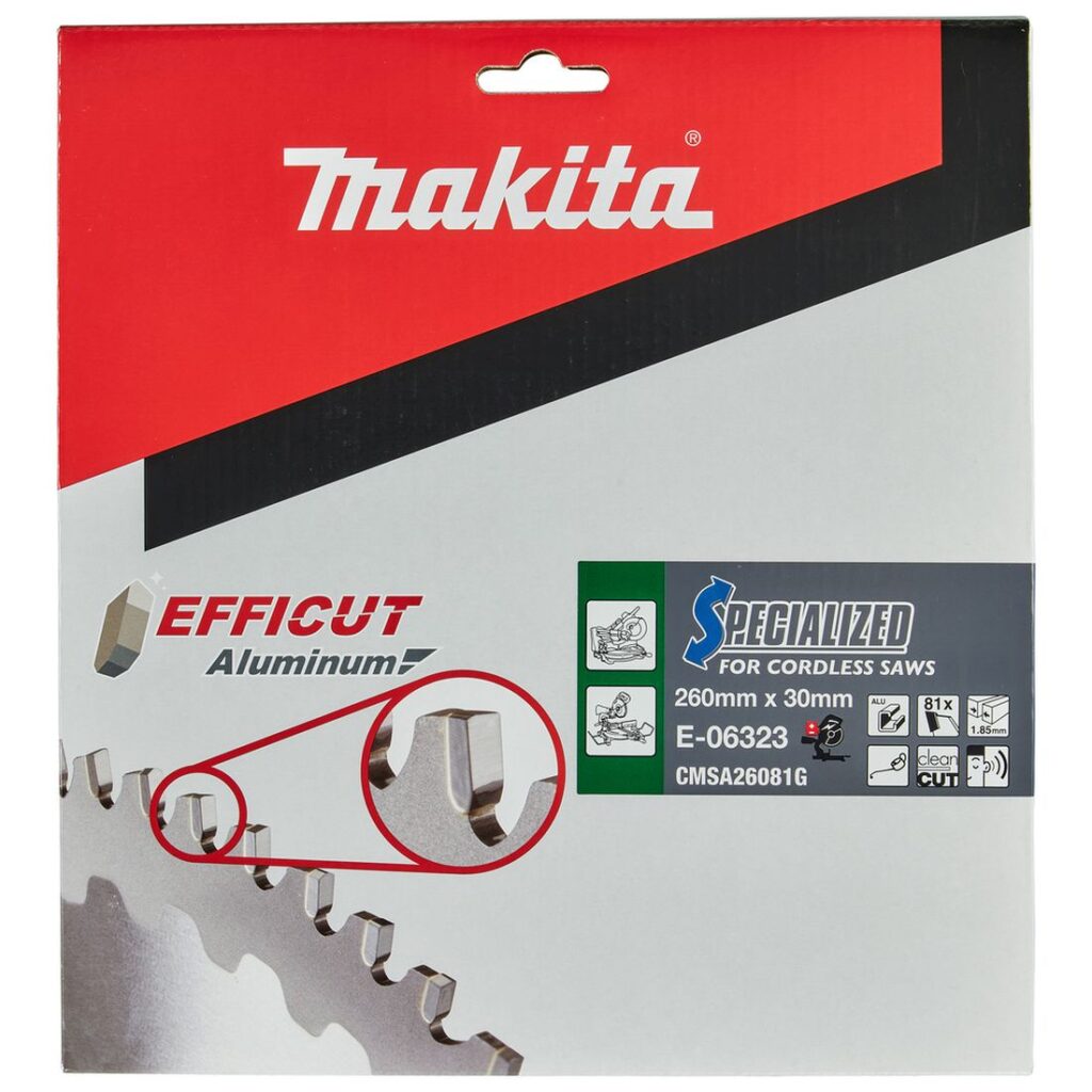 MAKITA Pyörösahanterä 260x30x1,85 mm, Z81 Efficut. Kuvassa tuotteen myyntipakkaus edestäpäin.