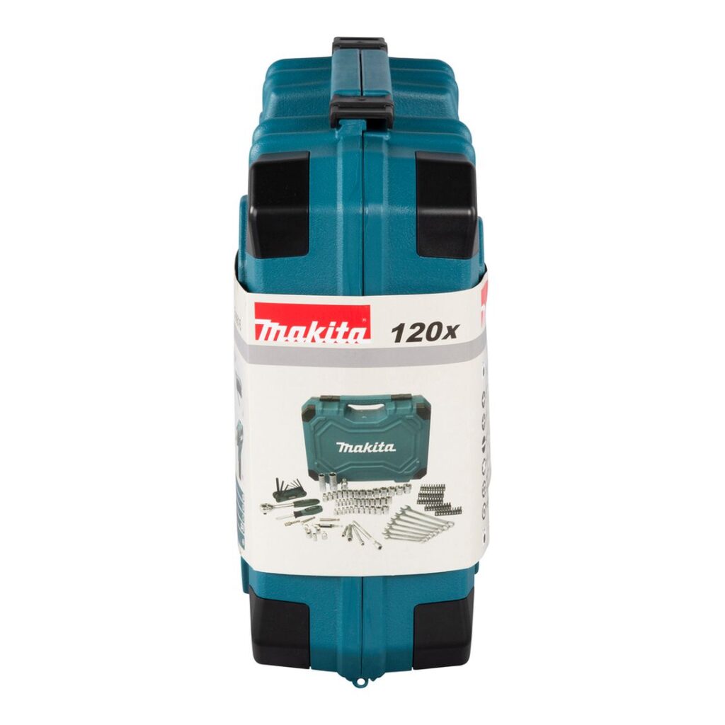 MAKITA Työkalu ja tarvikesarja 120osaa. Kuvassa tuotteen myyntipakkaus sivustapäin.