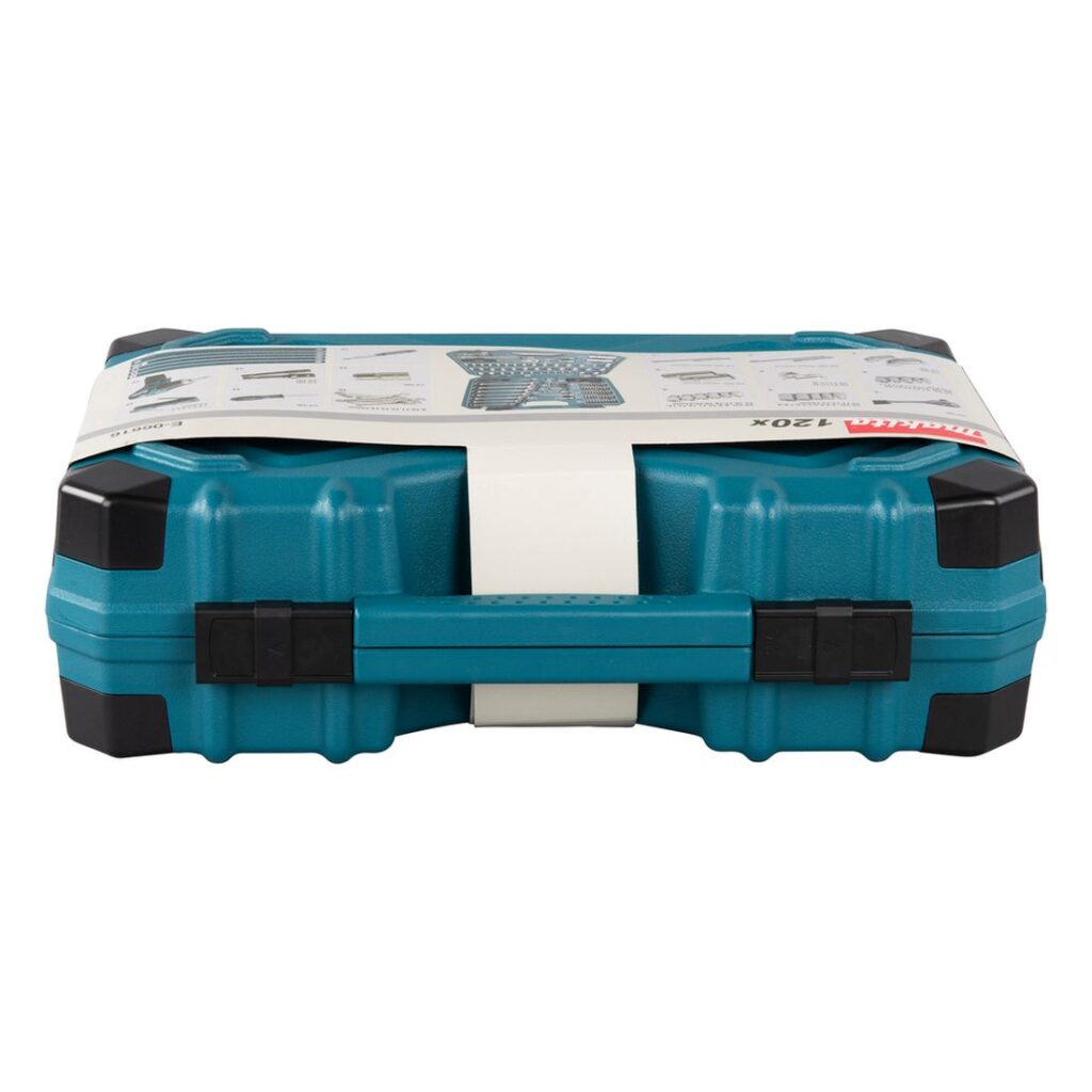 MAKITA Työkalu ja tarvikesarja 120osaa. Kuvassa tuotteen myyntipakkaus ylhäältäpäin.