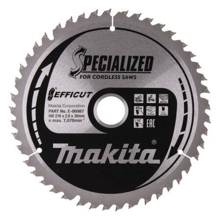 MAKITA Pyörösahanterä 216 x 30 x 2,0 mm, Z45 puulle, EFFICUT. Kuvassa Pyörösahanterä 216 x 30 x 2,0 mm, Z45 puulle, EFFICUT edestäpäin.