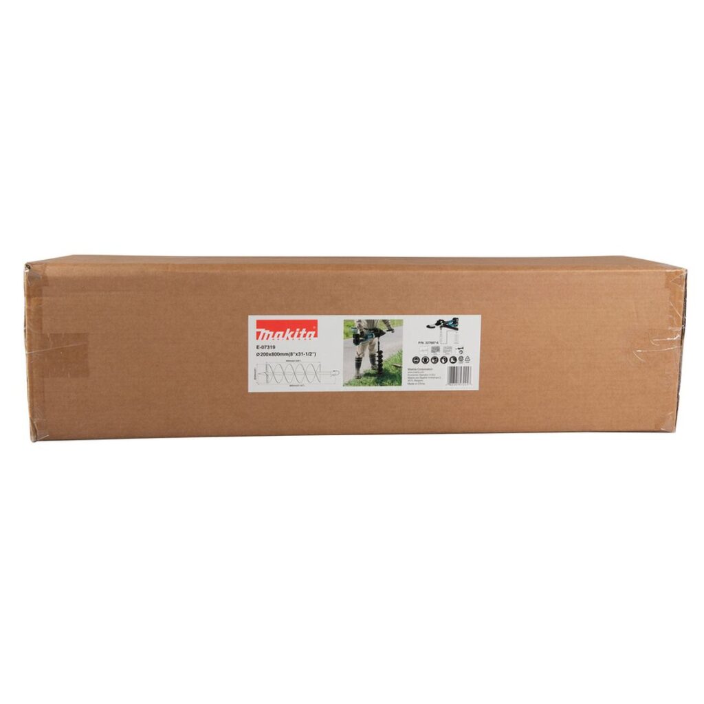 MAKITA Maakaira porakoneelle 200x800 mm, sisältää kiinnityssokan. Kuvassa tuotteen myyntipakkaus edestäpäin.