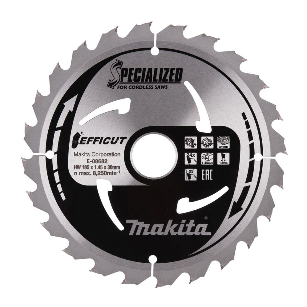 MAKITA Pyörösahanterä 185 x 30 x 1,45 mm, Z24 puulle, EFFICUT. Kuvassa Pyörösahanterä 185 x 30 x 1,45 mm, Z24 puulle, EFFICUT edestäpäin.