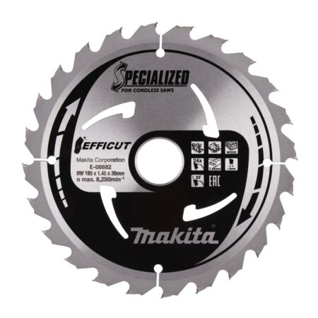 MAKITA Pyörösahanterä 185 x 30 x 1,45 mm, Z24 puulle, EFFICUT. Kuvassa Pyörösahanterä 185 x 30 x 1,45 mm, Z24 puulle, EFFICUT edestäpäin.