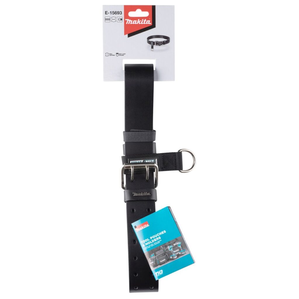 MAKITA Nahkavyö "heavyweight" musta, vyölenkillä. Kuvassa tuotteen myyntipakkaus edestäpäin.