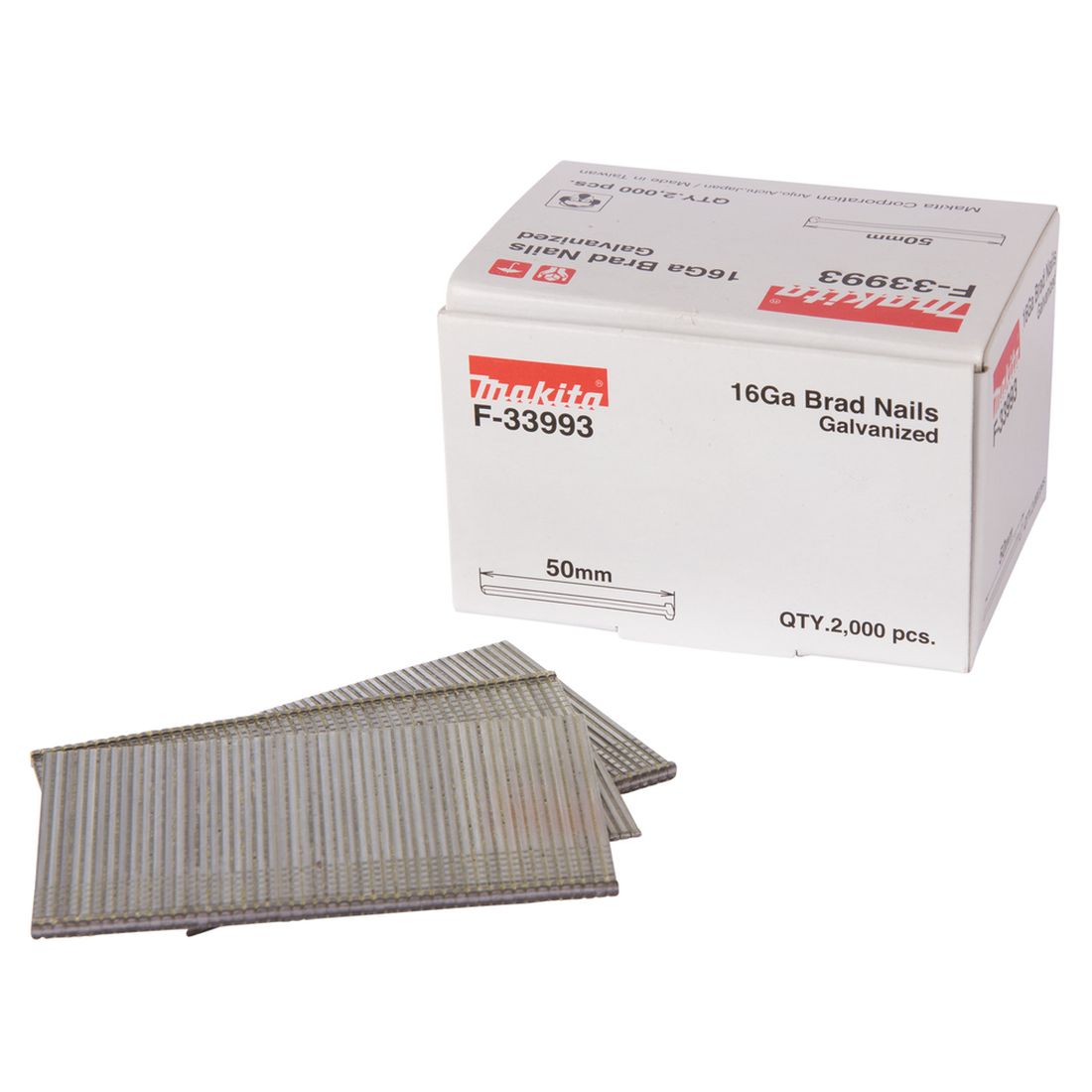 MAKITA Dyckert naula 1,6 x 50 mm, 16Ga, 2000 kpl F-33993. Kuvassa Dyckert naula 1,6 x 50 mm, 16Ga, 2000 kpl F-33993:n myyntipakkaus oikealta etuyläviistosta pakkaus suljettuna. Pakkauksen edessä naulakampoja.