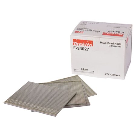 MAKITA Dyckert naula 1,6 x 64 mm, 16Ga, 2000 kpl F-34027. Kuvassa Dyckert naula 1,6 x 64 mm, 16Ga, 2000 kpl F-34027:n myyntipakkaus oikealta etuyläviistosta suljettuna. Pakkauksen edessä naulakampoja.