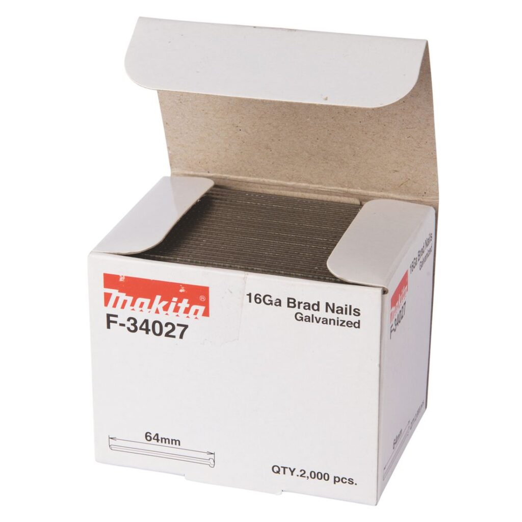 MAKITA Dyckert naula 1,6 x 64 mm, 16Ga, 2000 kpl F-34027. Kuvassa Dyckert naula 1,6 x 64 mm, 16Ga, 2000 kpl F-34027:n myyntipakkaus oikealta etuyläviistosta avoinna.