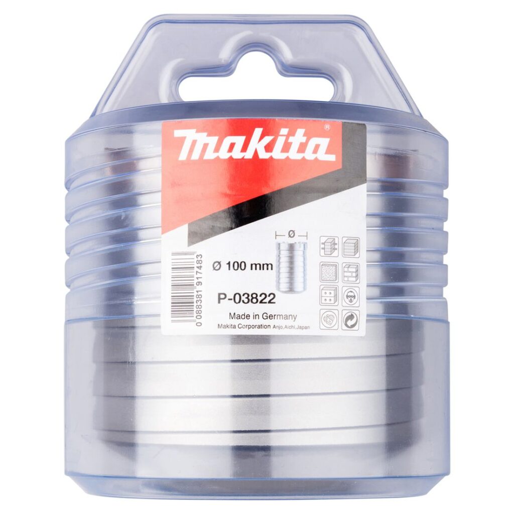 MAKITA Kruunuporanterä , SDSMAX , 100 mm X 100 mm. Kuvassa tuotteen myyntipakkaus edestäpäin.
