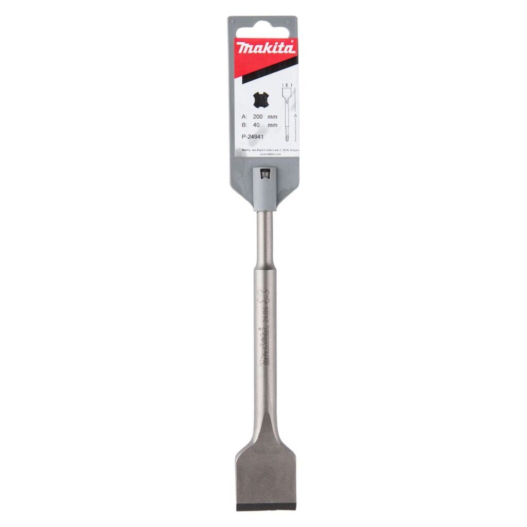 MAKITA Kaakelitaltta SDS-PLUS 40 x 200 mm P-24941. Kuvassa Kaakelitaltta SDS-PLUS 40 x 200 mm P-24941:n myyntipakkaus takaapäin.