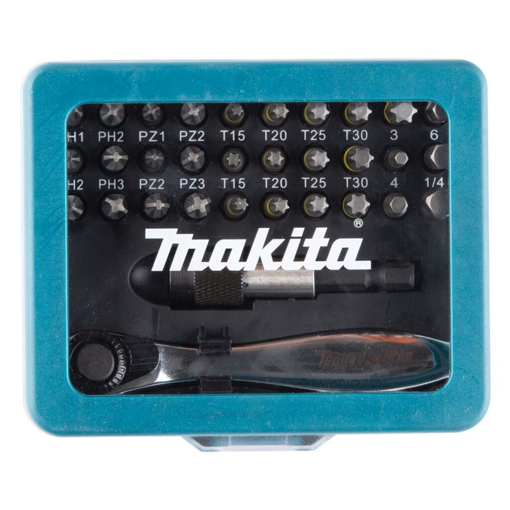 MAKITA Ruuvikärkisarja räikällä 32osaa. Kuvassa Ruuvikärkisarja räikällä 32osaa ylhäältäpäin.