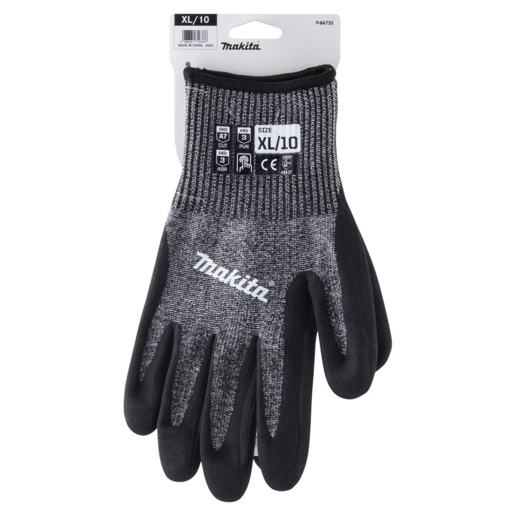 MAKITA Työkäsine Makita Nitriili Viiltosuojattu. Koko XL / 10. Kuvassa tuotteen myyntipakkaus takaapäin.