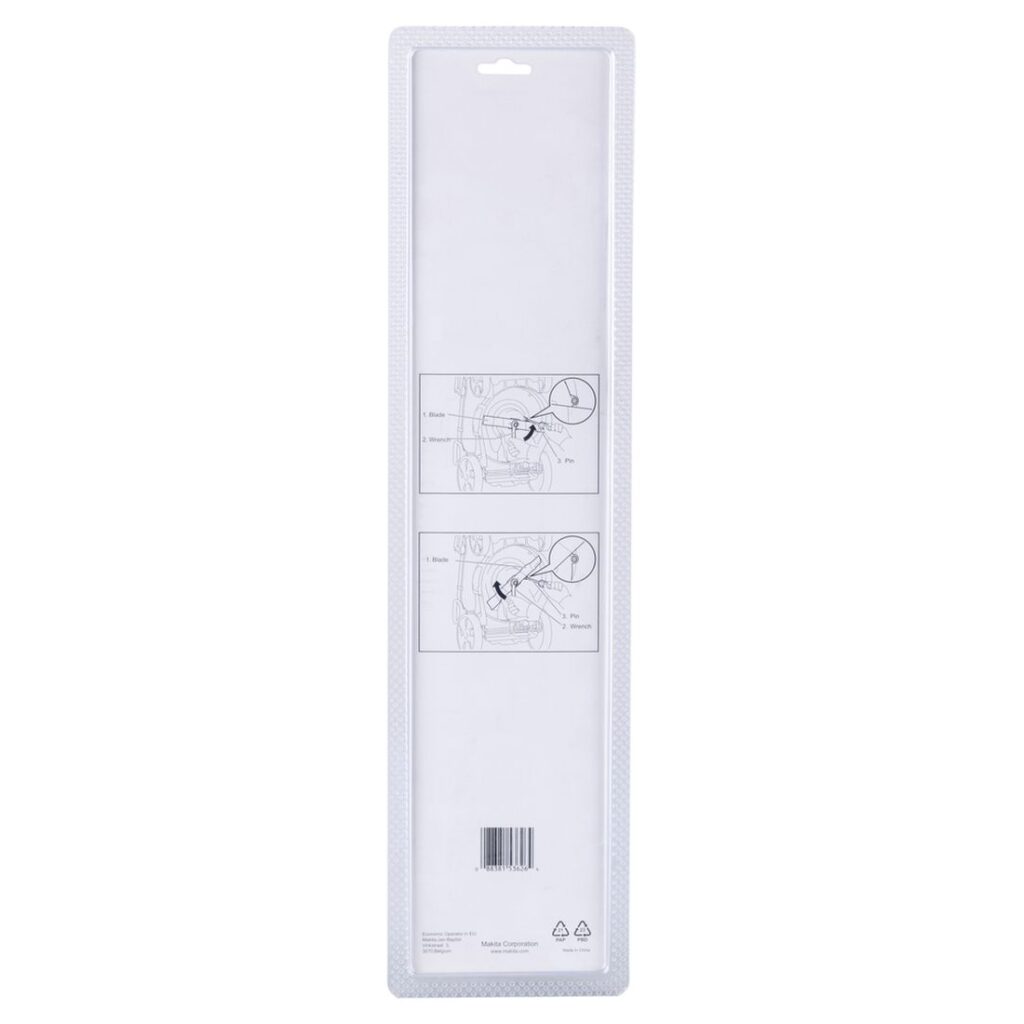 MAKITA Ruohonleikkurin terä 410 mm. Kuvassa tuotteen myyntipakkaus takaapäin.