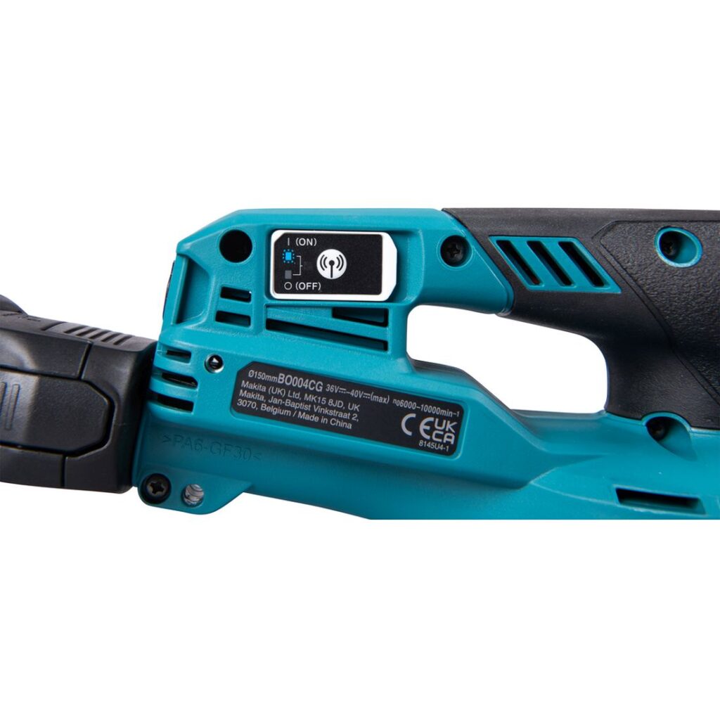 MAKITA Epäkeskohiomakone XGT ® BO004CG. Lähikuvassa epäkeskohiomakone AWS yhteyden ilmaisinvalo.