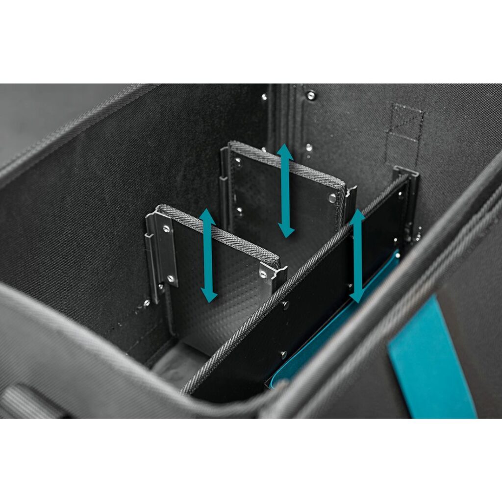 MAKITA Yleislaukku. Muovisalkku jossa kangaspäällinen, 505 x 295 x 265 mm E-15394. Lähikuvassa yleislaukun siirrettävät väliseinät.