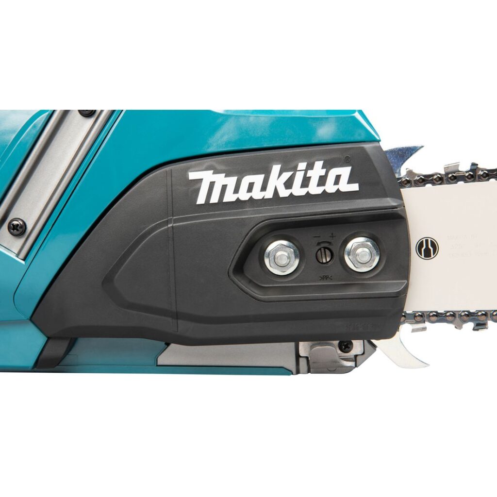 MAKITA Ketjusaha XGT ® UC030G. Lähikuvassa ketjusaha laipan kiristin.