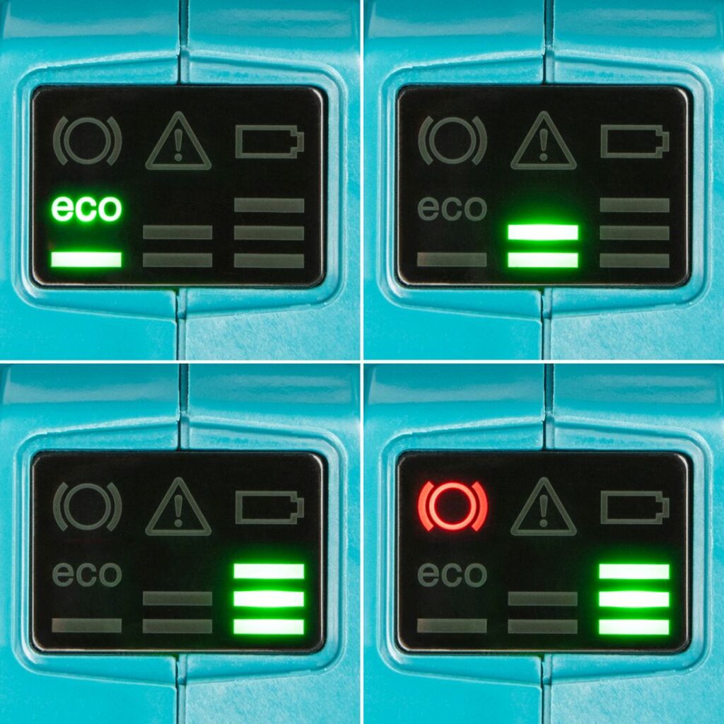 MAKITA Ketjusaha XGT ® UC030G. Lähikuvassa ketjusahan ilmaisinvalot.