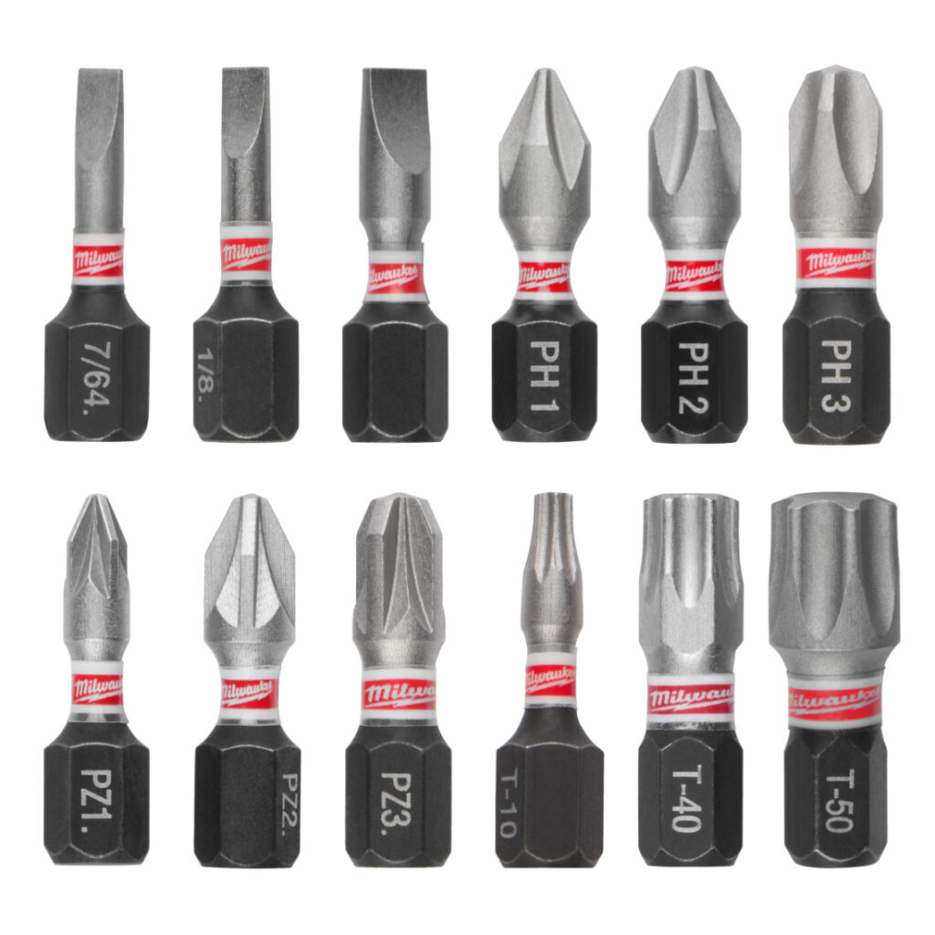 MILWAUKEE RUUVAUSKÄRKI SHOCKWAVE. Kuvassa erilaisia ruuvauskärkiä.