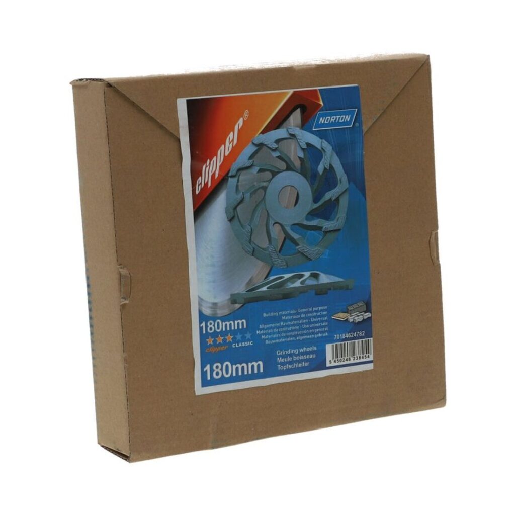 NORTON CLIPPER CG SLANT 180X22.23 TIMANTTIKUPPILAIKKA. Kuvassa timanttikuppilaikan myyntipakkaus vasemmalta etuyläviistosta.