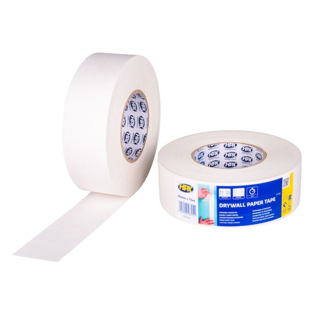 Kuvassa DR5075 HPX Kipsilevysaumapaperi 50mm x 75m -teippi pysty- ja vaaka-asennossa oikealta etuyläviistosta.